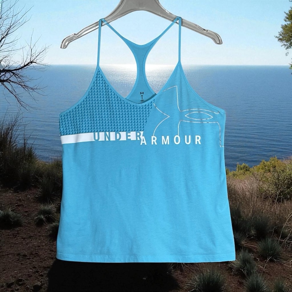 Blue Under Armour Heat Gear Racer Back Loose Fit Logo Tank Size Medium